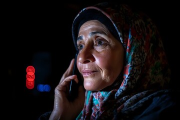 Poster - middle eastern senior woman wearing traditional hijab headscarf talking on mobile phone at night, il