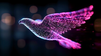 Poster - Glowing digital dove silhouette with particle effects in pink and purple neon colors against dark background with bokeh lights creates magical atmosphere.