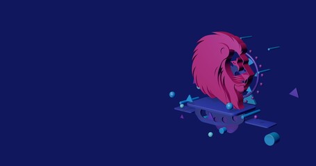 Poster - Pink lion head icon on a pedestal of abstract geometric shapes floating in the air. Abstract concept art with flying shapes on the right. 3d illustration on indigo background
