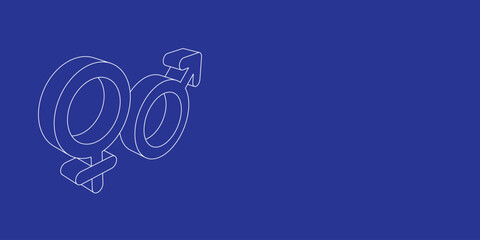 Poster - The outline of a large gender symbol made of white lines on the left. 3D view of the object in perspective. Vector illustration on indigo background