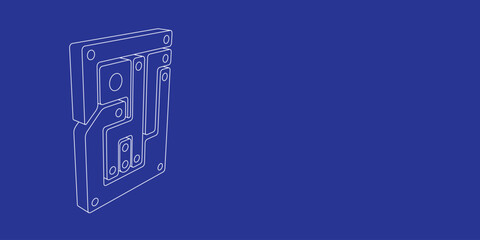 Poster - The outline of a large printed circuit board made of white lines on the left. 3D view of the object in perspective. Vector illustration on indigo background
