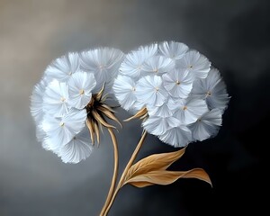 Poster - Delicate white dandelion seed heads with golden stems and leaves against dark moody background, showcasing intricate natural patterns and soft ethereal texture.