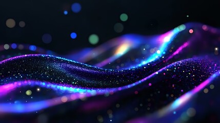 Poster - Glowing abstract waves with sparkles and particles in dark space, featuring vibrant neon colors of blue, purple, and turquoise creating dynamic motion effect.