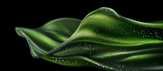 Poster - Flowing green silk fabric with water droplets creates elegant waves and folds against dark background, capturing light and texture in macro photography.