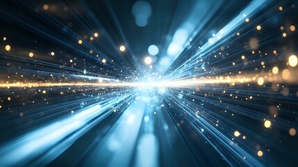 Aufkleber - Abstract light rays bursting from center point with blue and gold glowing particles and bokeh effects creating dynamic motion background for technology concepts.