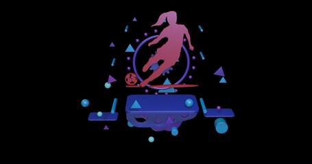 Poster - Red female football symbol on a pedestal of abstract geometric shapes floating in the air. Abstract concept art with flying shapes in the center. 3d illustration on black background