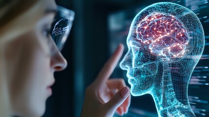 Poster - Young female scientist interacting with holographic human head projection showing detailed brain structure and neural networks in futuristic laboratory setting.
