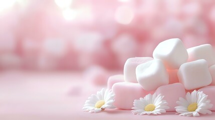 Poster - Soft pink marshmallows stacked with fresh white daisies on pink bokeh background creating dreamy romantic mood for valentines day and spring designs.