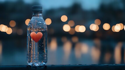 Poster - Clear water bottle with red heart sticker against blurred bokeh lights background at dusk, creating romantic mood with water droplets on bottle surface.