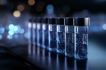 Poster - Glass vials with glowing blue liquid and sparkling particles arranged in row on dark surface against blurred bokeh background, scientific laboratory concept.