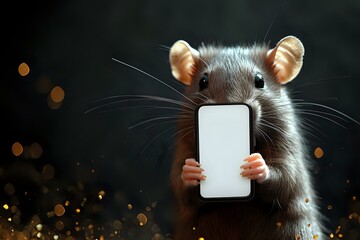 Poster - cute gray rat holding blank smartphone screen against dark background with golden bokeh lights, whis