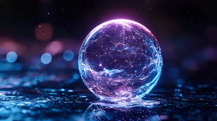 Aufkleber - Glowing sphere with network connections emits purple and blue light against dark background with bokeh effects, representing global technology and connectivity.