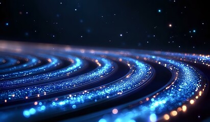 Poster - Glowing blue spiral waves with sparkling particles against dark background create mesmerizing cosmic pattern, suitable for abstract space and technology designs.