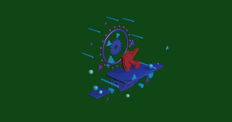 Poster - Red virus bounces off the shield symbol on a pedestal of abstract geometric shapes floating in the air. Abstract concept art with flying shapes in the center. 3d illustration on green background