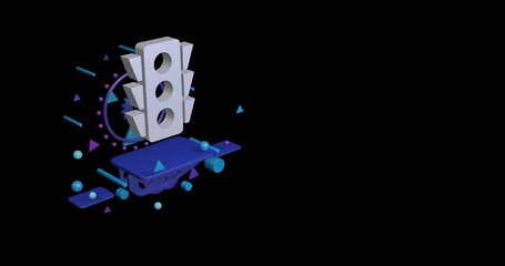 Poster - White traffic lights symbol on a pedestal of abstract geometric shapes floating in the air. Abstract concept art with flying shapes on the left. 3d illustration on black background