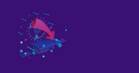 Poster - Pink down arrow on a pedestal of abstract geometric shapes floating in the air. Abstract concept art with flying shapes on the left. 3d illustration on deep purple background