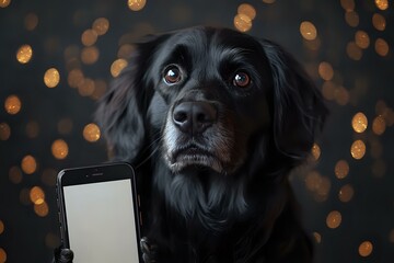 Poster - black dog with smartphone looking up against dark background with golden bokeh lights, close-up port