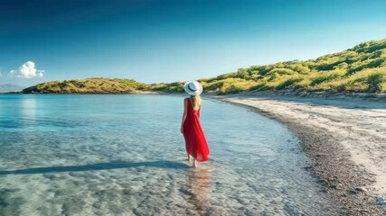 Aufkleber - Beautiful woman in red dress and white hat walking on the beach on the island, sea and mountain landscape, blue sky, clear water and surrounding greenery create panoramic view from behind.
