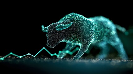Poster - Glowing turquoise bull figure emerging from particle effects against dark background with rising financial chart line, representing market growth and trading concept.