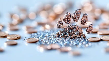 Poster - Glittering paw print made from rose gold sparkles and crystals on soft blue background with scattered coins and diamond dust, creating magical pet concept.