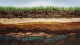 Stunning photo of cross section of soil layers showcasing grass roots and varying soil types to illustrate ecological diversity and earth structure.