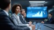 © si9nzation - Focused businesswoman in a modern boardroom meeting discussing corporate finance and strategy with diverse colleagues in a high tech professional environment