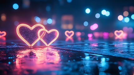 Poster - Glowing neon heart shapes reflected on wet surface with colorful bokeh lights creating romantic atmosphere. Pink and blue urban night background with love symbols.