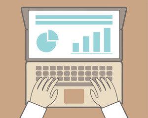 Poster - Businessperson working on laptop looking at charts and graphs for business analysis and reporting. laptop, computer, business, hand, keyboard, technology, notebook.