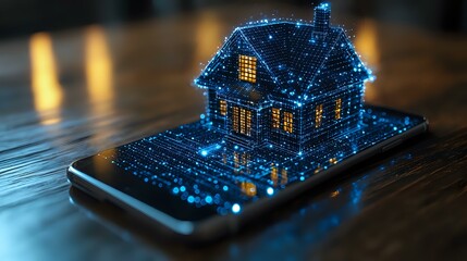 Poster - glowing blue hologram house emerging from smartphone screen on wooden surface with luminous particle
