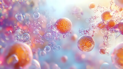 Poster - Microscopic orange spherical cells floating in purple-blue ethereal space with transparent bubbles and light effects creating dreamy scientific atmosphere.