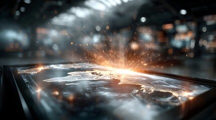 Poster - Bright glowing sparks erupt as a worker performs intense metalwork such as welding or fabrication in an active industrial workshop or manufacturing environment