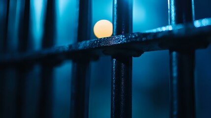 Poster - Glowing white sphere balanced on dark metal bars against deep blue background creates mysterious atmospheric mood for conceptual designs and presentations.