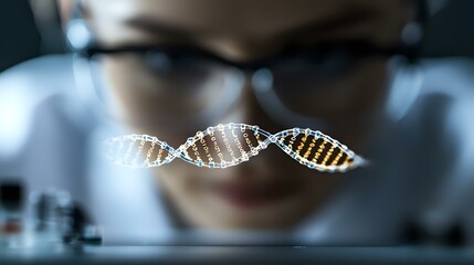 Poster - Glowing DNA helix molecule floating in dark laboratory setting with scientist in background wearing glasses studying genetic research structure.