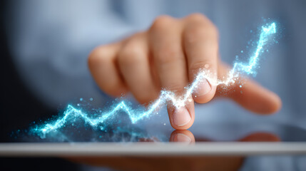 Poster - Glowing blue chart line follows finger touch on digital screen, showing business growth and financial market trends in modern technology interface.