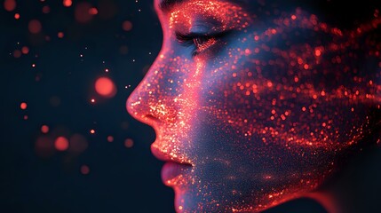 Poster - Female profile silhouette illuminated by glowing red particles against dark background, creating magical ethereal atmosphere with sparkles and bokeh light effects.