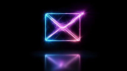 Poster - Glowing neon envelope icon with blue and pink gradient light effect on dark background, reflection below. Modern minimalist communication symbol.