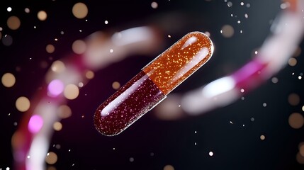 Poster - Glowing medical capsule with sparkles floating in dark space against blurred bokeh background, pharmaceutical and healthcare concept.