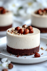Poster - Mini chocolate and vanilla mousse cake topped with hazelnuts and chocolate crumbs on white plate. Elegant dessert with layered texture and natural decoration.