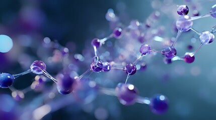Poster - Delicate purple molecular structure against blurred blue background creates dreamy scientific atmosphere. Abstract composition with spheres connected by lines for science concepts.