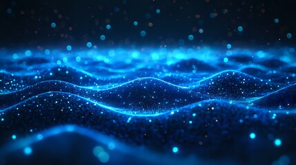 Aufkleber - Glowing blue waves with particles and bokeh effects on dark background create futuristic technology visualization for business and science presentations.