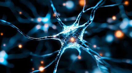 Poster - Glowing blue neuron cell with synaptic connections on dark background, neural network visualization showing electrical impulses and brain activity in microscopic detail.