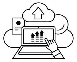 Fototapete - Cloud computing data uploading concept with laptop computer and hand illustration. cloud, computing, upload, data, technology, laptop.