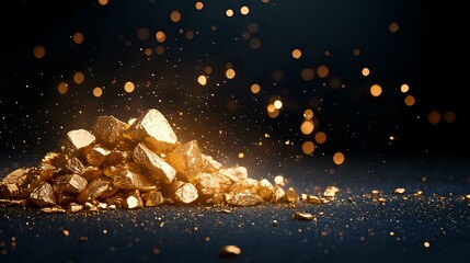Poster - Shimmering gold nuggets and dust scattered on dark surface with magical bokeh light effect and sparkles in dramatic lighting for luxury design background.