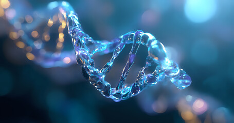 Poster - Glowing blue DNA helix structure with bokeh light effects on dark background, molecular biology and genetic research visualization for science and medicine.