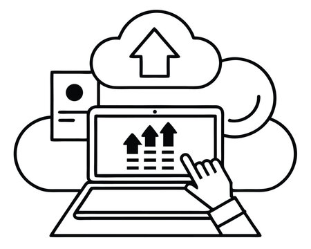 Cloud computing data uploading concept with laptop computer and hand illustration. cloud, computing, upload, data, technology, laptop.