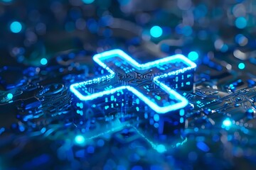 Poster - Glowing blue cross symbol on computer circuit board with bokeh lights and digital technology elements, representing healthcare technology and medical innovation.