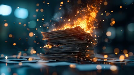 Poster - Stack of burning paper documents with glowing embers and sparks against dark background, dramatic lighting creates mysterious atmosphere for business concept.