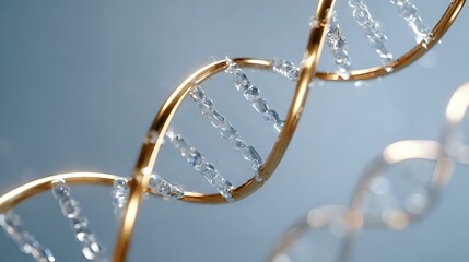 Poster - Glowing golden DNA helix structure with crystal clear molecular bonds against soft blue background, representing genetic research and biotechnology advancement.