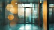© Yuliia - Blurred modern office corridor with glass walls and bokeh light effects creating atmospheric business interior with teal and orange tones.