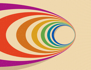 Poster - Retro style abstract background with curve lines in all colors of rainbow, 3D dimensional seventieth vector art.